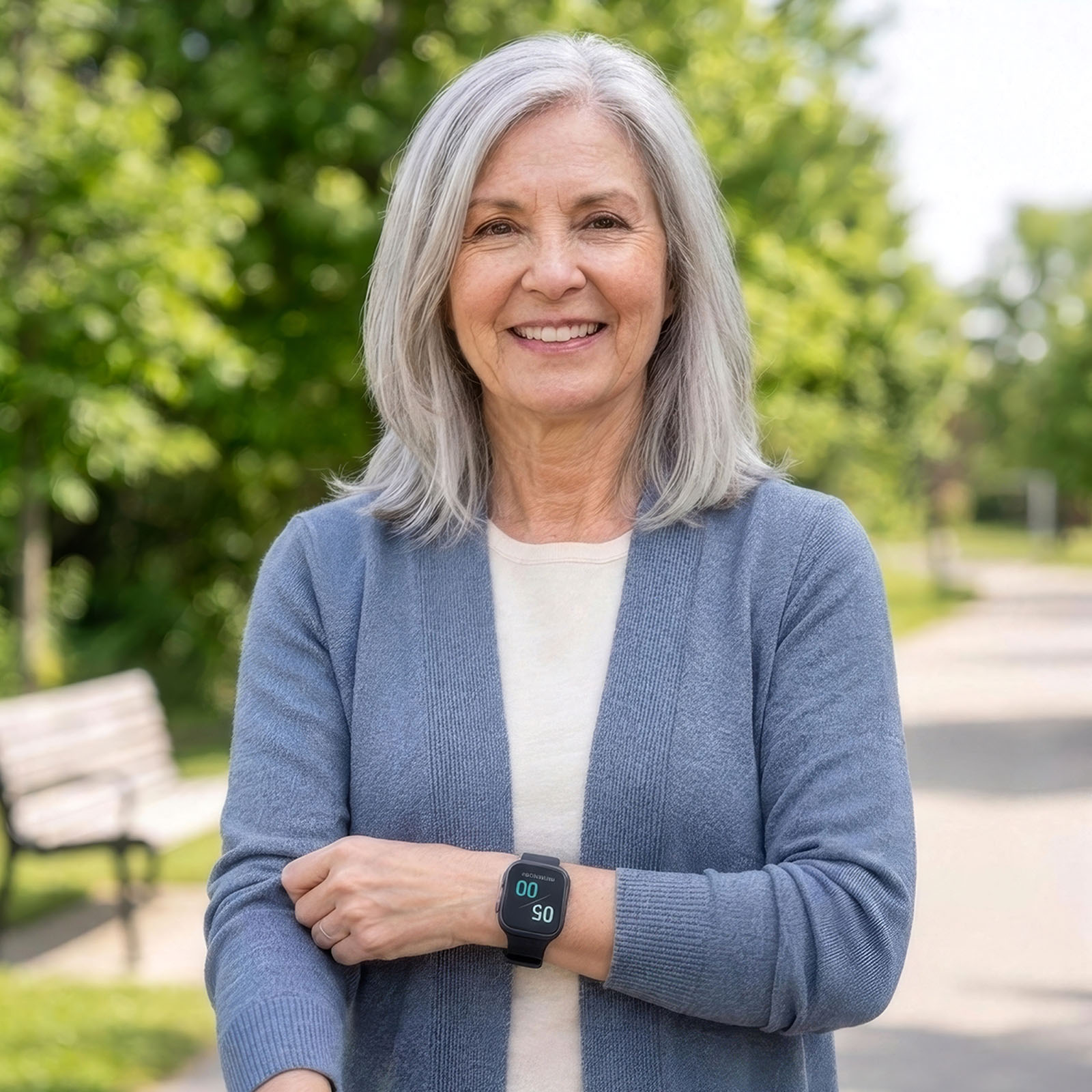 A woman in her late sixties out for a walk in her local park, smiling, the Life Safety Watch clear on her left wrist