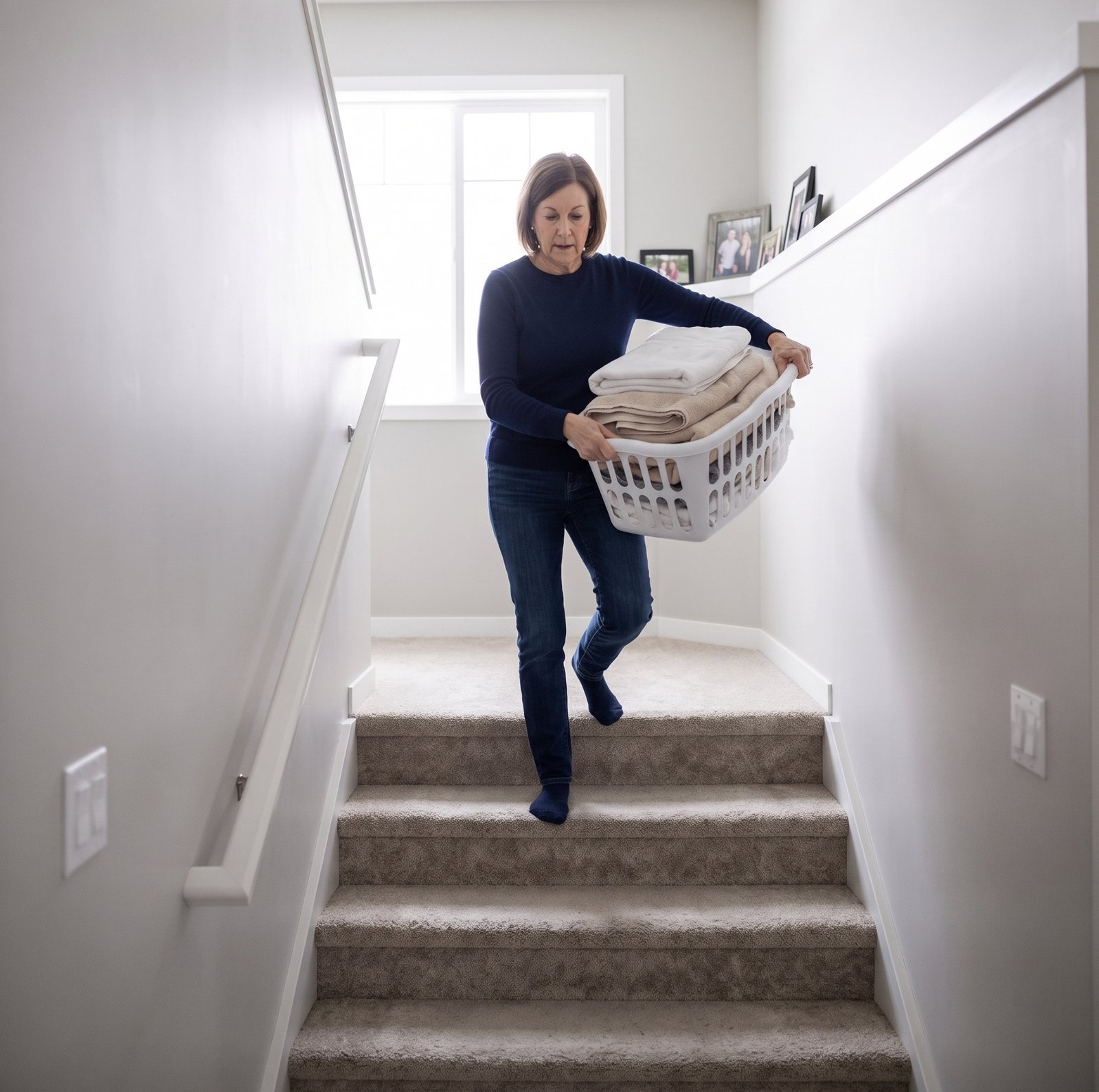 A woman carries a full laundry basket down a full flight of stairs, both hands occupied