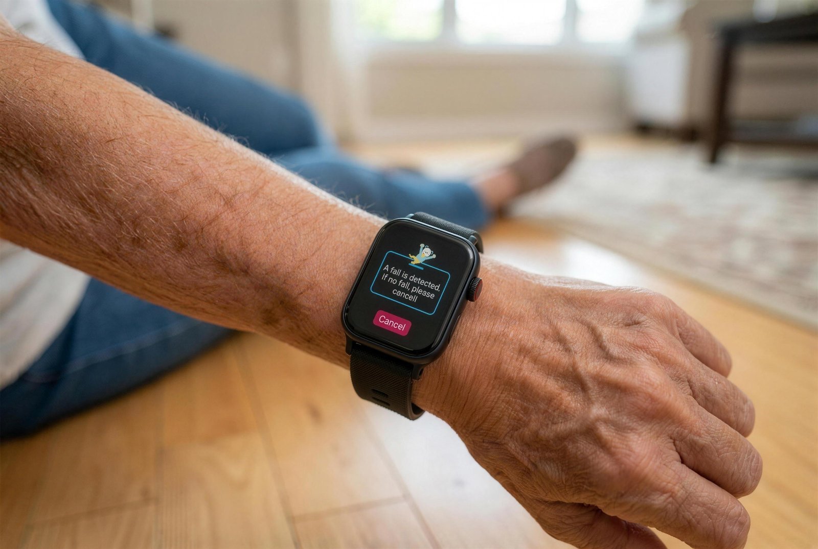 A fallen woman on her living-room floor checks her watch, its screen showing a fall-detection alert
