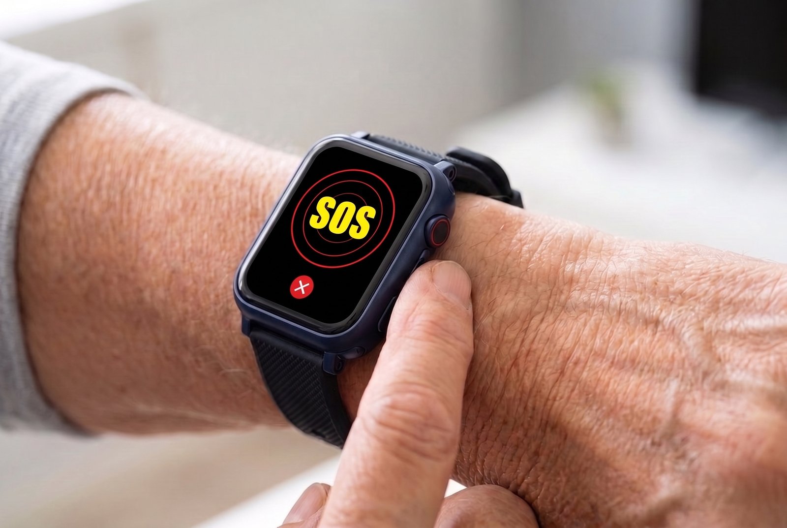 A finger pressing the red SOS side button; the watch screen shows the SOS alert
