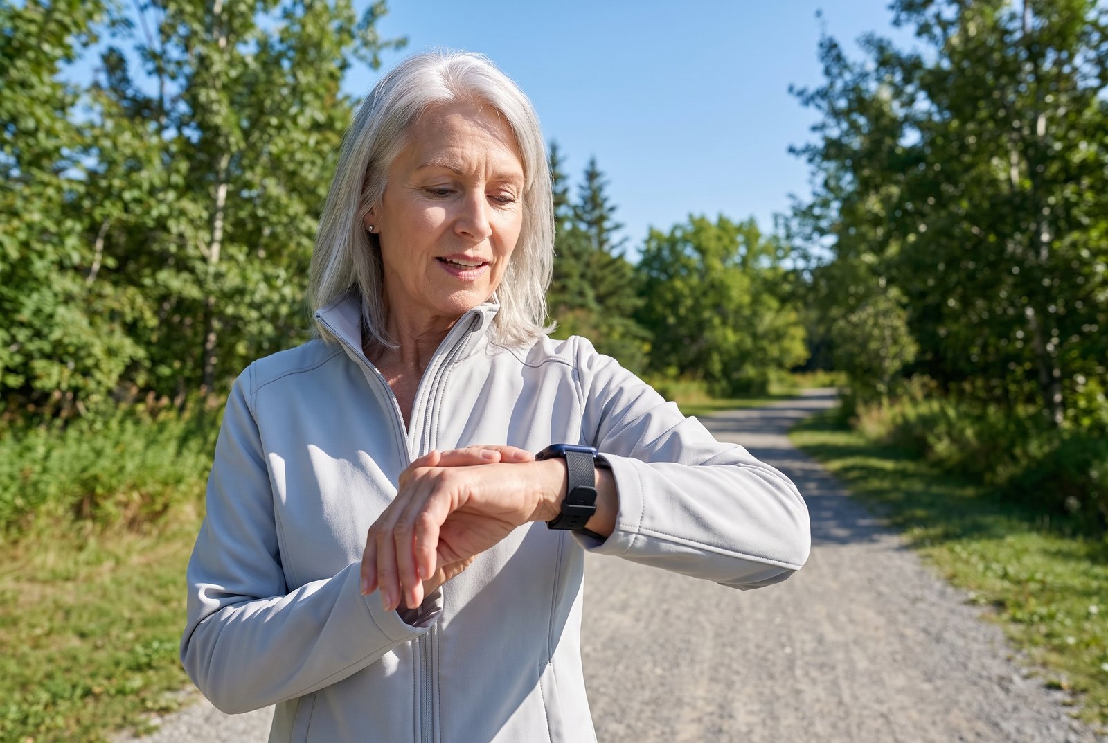 A woman on a walking trail glances at the watch on her raised wrist, no phone in sight