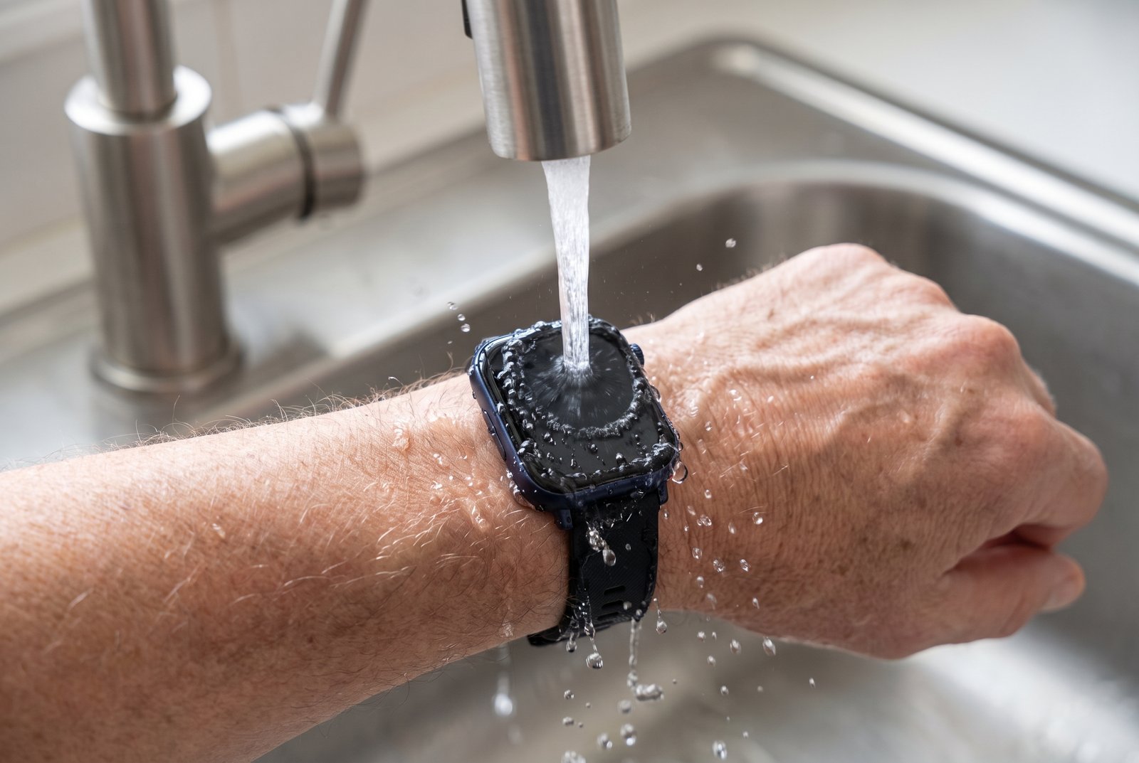 The watch on a wrist under a running kitchen tap, water bouncing off the face
