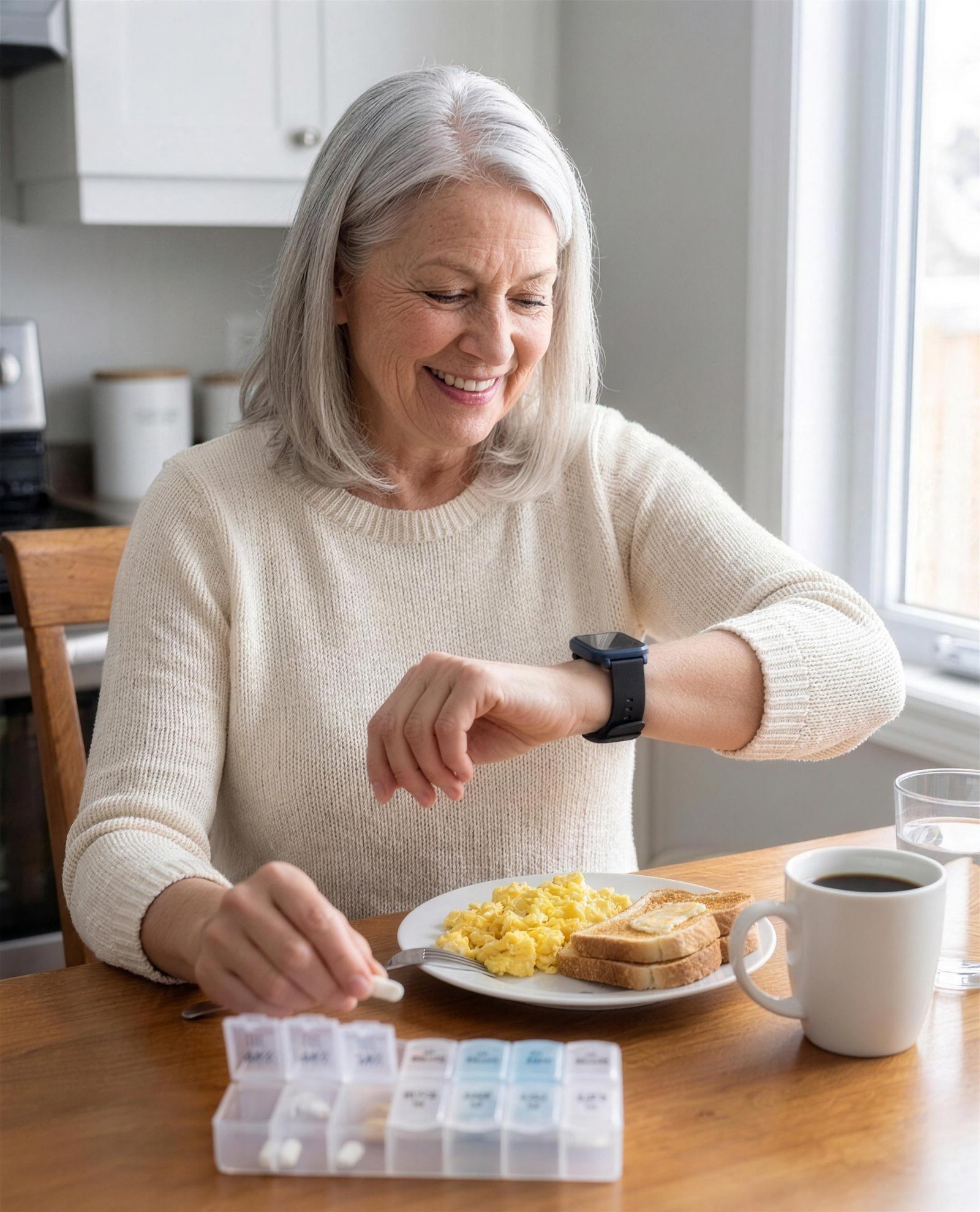 A woman at her breakfast table speaks to her watch, pill in hand, weekly organizer beside her plate